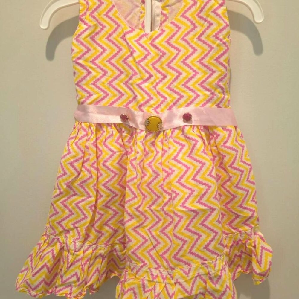 2T girls yellow chevron print cotton dress faux satin belt with studs